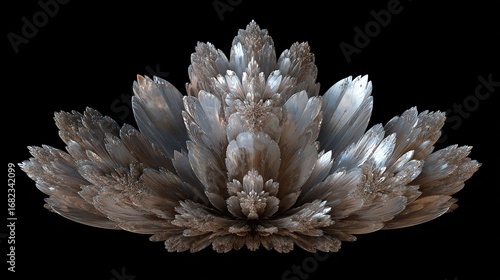 Fractal floral silver, layered, crystalline blossom against a dark background