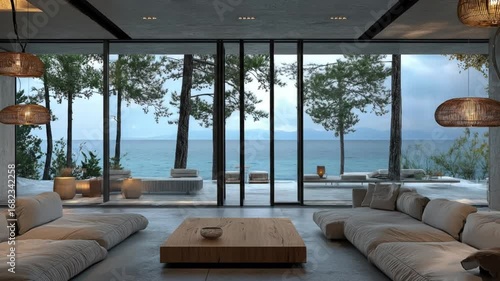 A spacious modern living area with panoramic ocean views offers a serene and luxurious ambiance.