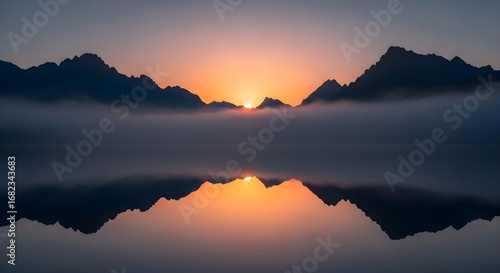 Minimalist cinematic sunrise over foggy peaks with crystal-clear lake reflection, ultra-detailed, crisp edges, noise-free, natural lighting, tranquil scene