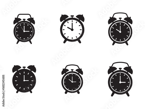 Collection of Alarm Clock Illustrations in Black and White Representing Time Management and Punctuality for Business and Personal Use
