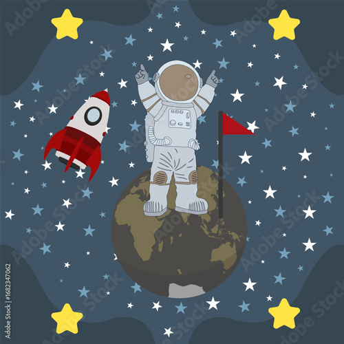 vector design of an astronaut landing on a planet