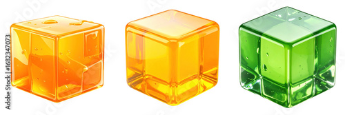 3D Plastic Style Gel Cubes with Transparent Appearance in Orange Yellow and Green Colors Isolated on Transparent Background