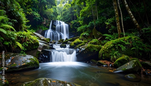 Serene waterfall cascading through a lush, vibrant green rainforest environment