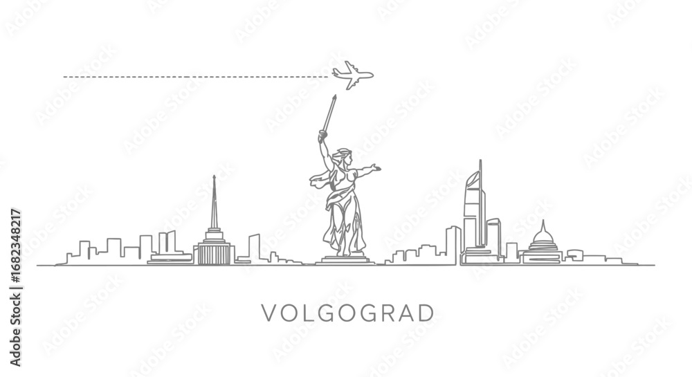 Obraz premium Volgograd skyline with Minimalist, Vector, and Airplane.