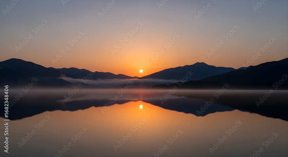Obraz premium Minimalist sunrise over misty mountains with calm lake reflection, ultra-detailed, crisp edges, noise-free, natural lighting, peaceful mountain scenery