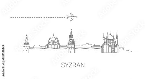 Syzran skyline outline with airplane.