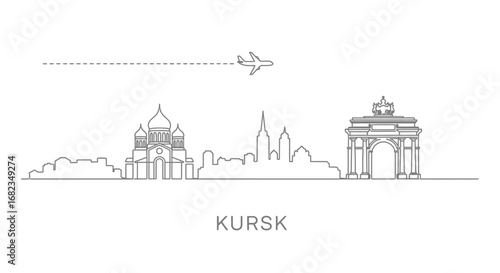Kursk Skyline Vector with Russia, Travel, and Airplane.