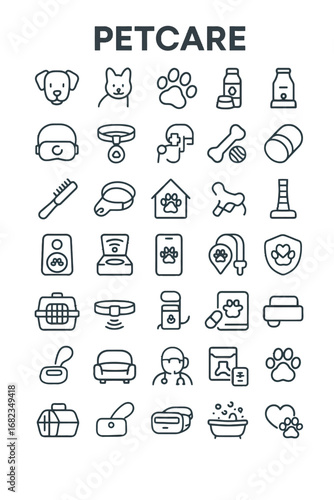 Set of thin line icons for pet care services, featuring symbols for veterinary clinics, animal shelters, grooming salons, and pet supplies