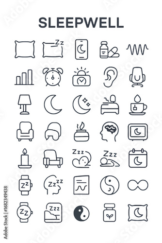 Set of thin line icons for sleep health, insomnia treatment, and relaxation concepts, including symbols for bedtime routines, sleep tracking, and wellness
