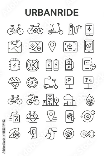 A collection of thin line icons representing renewable energy, portable power stations, solar panels, and sustainable technology for a green lifestyle