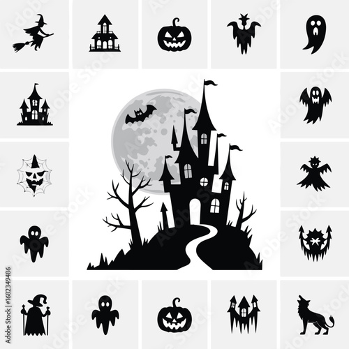 Halloween ghost castle silhouette vector art illustration Shapes Collection Isolated on White Background