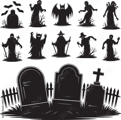 Halloween ghost silhouette vector art illustration Shapes Collection Isolated on White Background
