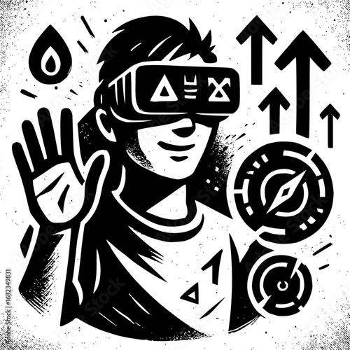 Man experiences immersive virtual reality with futuristic technology and upward trends