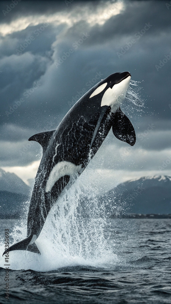 Fototapeta premium Orca whale breaching ocean water leaping