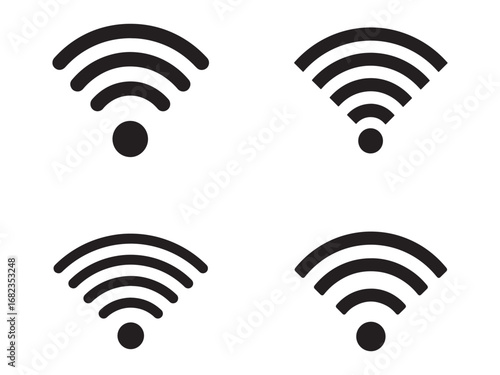Four instances of a black WiFi signal symbol on a clean white background showcasing technology connectivity and modern communication solutions