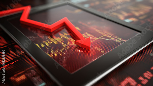 Sleek digital tablet screen with red descending arrow graph over stock market charts symbolizing economic downturn and investor anxiety