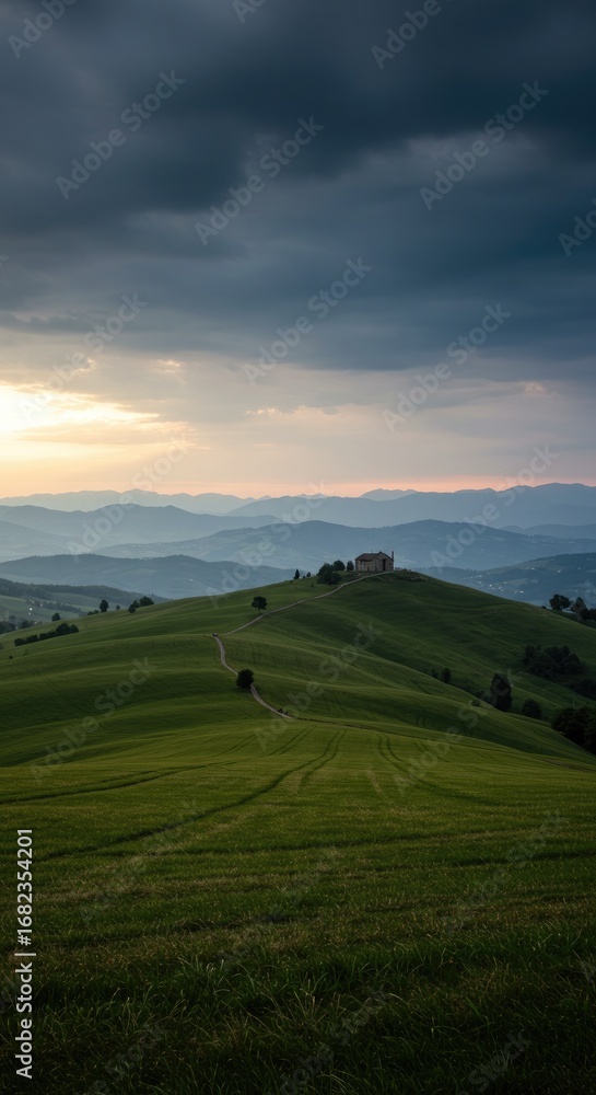 Fototapeta premium Tuscan Landscape with House on Hill and Moody Sky nature