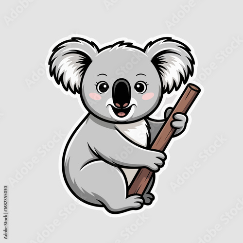 Cute cartoon koala holding a eucalyptus branch with a happy expression