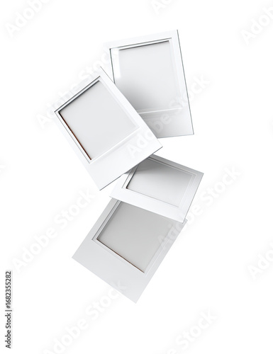 Four white Polaroid-style photo frames levitate in mid-air, angled diagonally.  Empty, blank image areas within the frames.  Clean, minimalist aesthetic