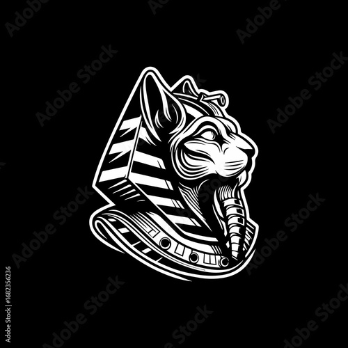 Anubis Egyptian cat god illustration in black and white.