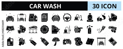 30 Car Wash Glyph Icons Vector - Vacuum Interior, Nano Mist, Seat Cleaning, Glass Coating, Air Blower, Polisher Machine
