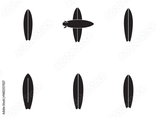 Surfboard Silhouettes on White Background with Design Variation Promoting Surfing Culture and Summer Vacations at the Beach