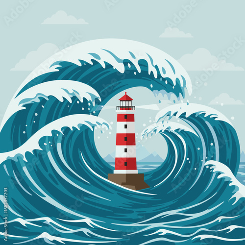 Lighthouse Amidst Powerful Ocean Waves