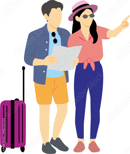 Vector illustration of a young couple with a map and suitcase, traveling together on vacation