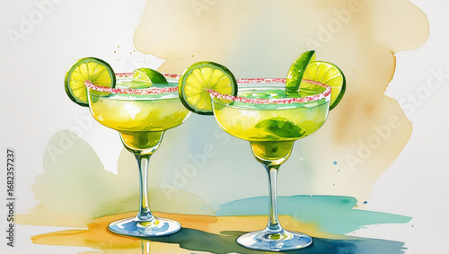 watercolor margarita cocktails with lime slices clip art preview