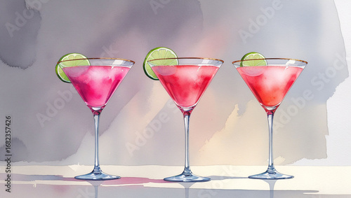 Wallpaper Mural Pink cocktail martini glass drink lime watercolor illustration alcohol beverage party celebration bar art Torontodigital.ca