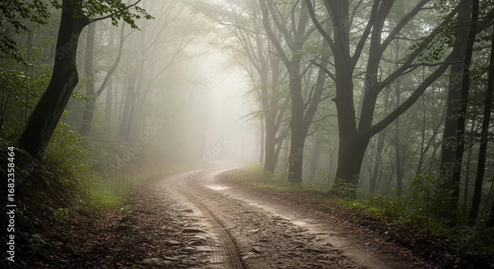 Fototapeta premium Misty Forest Road with Tire Tracks and Tall Trees.