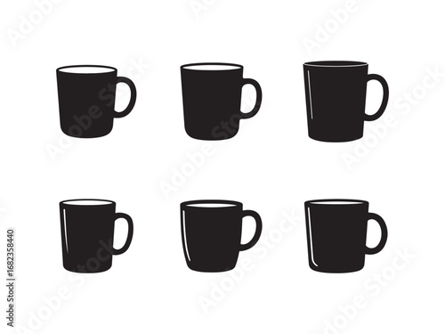 Vector illustration of six black mugs on white background featuring various shapes and styles ideal for showcasing coffee or tea branding designs