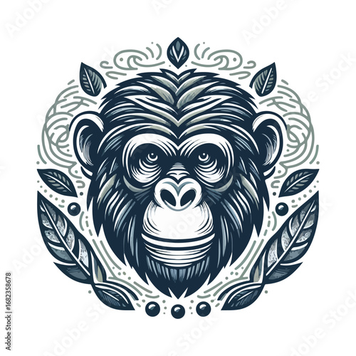 Artistic illustration of a chimpanzee face with decorative elements.
