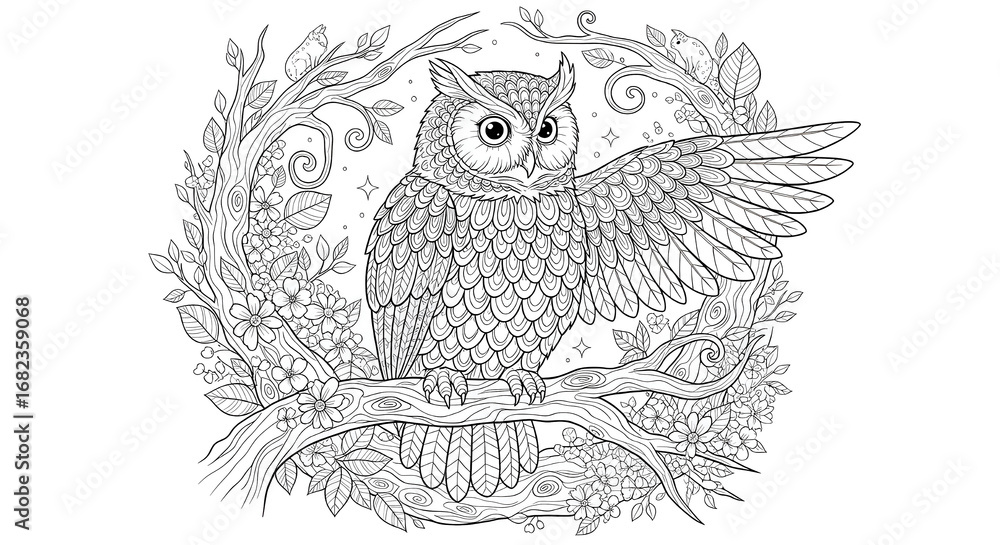Fototapeta premium Detailed owl perched on a branch with its wing spread, isolated on white background