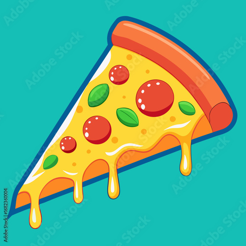 Vector illustration of hot cheese pizza slice with melting cheese and tomato toppings.