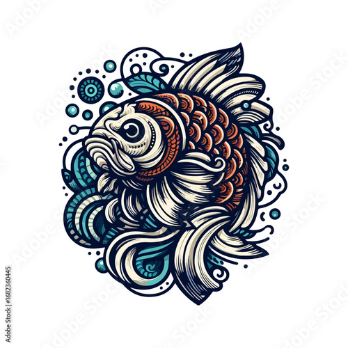 Artistic illustration of a goldfish swimming in the water.