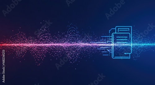 Abstract digital data stream with glowing particles flowing into document icons, symbolizing information processing and transfer in a technological context.