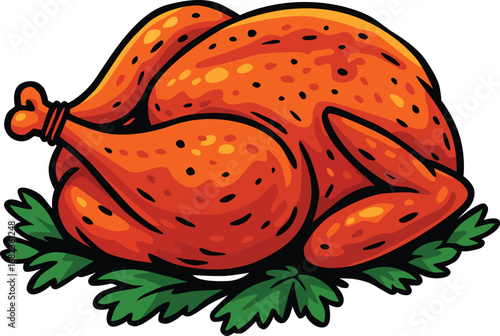 Roasted chicken served on green garnish, perfect for festive meals, Thanksgiving, Christmas dinner, family feast, barbecue, and holiday celebration. Tasty traditional food with golden crispy skin