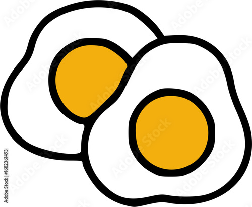 Two fried eggs with bright yellow yolks and white outlines on a white background.