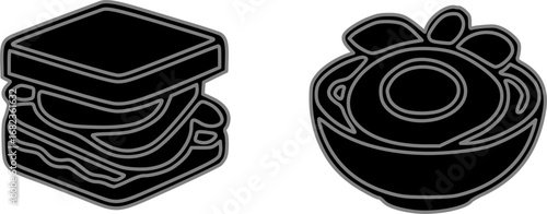 Black and white illustration of a sandwich and a bowl of food, side by side.