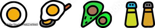 A collection of stylized icons representing breakfast foods, including a hard-boiled egg, a fried egg, avocado halves, and salt and pepper shakers.