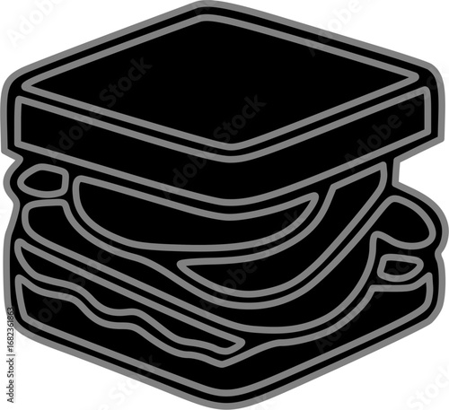 Stylized black and grey illustration of a multi-layered sandwich with various fillings, presented as a graphic icon.