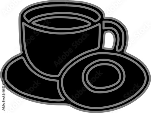 A simple black and grey silhouette icon of a coffee cup and a donut on a saucer, representing breakfast or a coffee break.