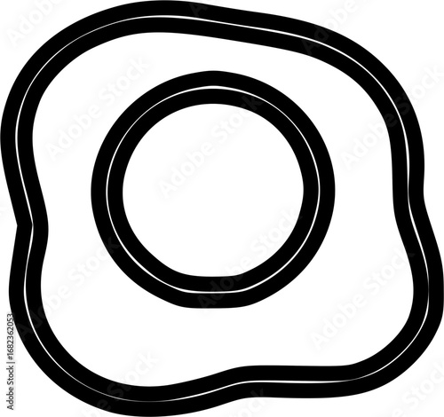 Black and white illustration of a fried egg, showing the yolk and white.