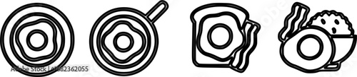 Breakfast food icons: egg, toast, bacon, rice bowl, and frying pan.