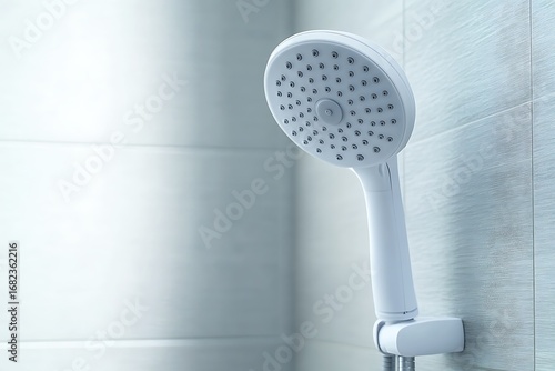 Wallpaper Mural White shower head mounted on tiled wall. Bright, clean bathroom setup. Modern design Torontodigital.ca