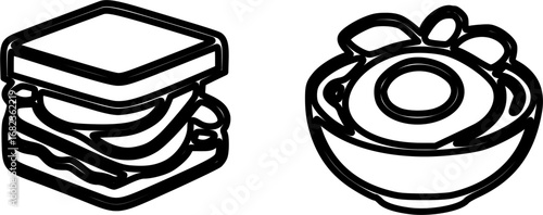 A black and white illustration of a sandwich and a bowl of food, possibly soup or salad.