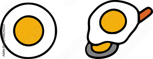 Cartoon illustration of a sliced hard-boiled egg and a fried egg in a pan, depicting breakfast food items.