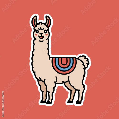 Cute cartoon llama with colorful saddle standing against a red background