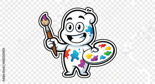 A cheerful cartoon character, covered in paint, holds a paintbrush and palette.